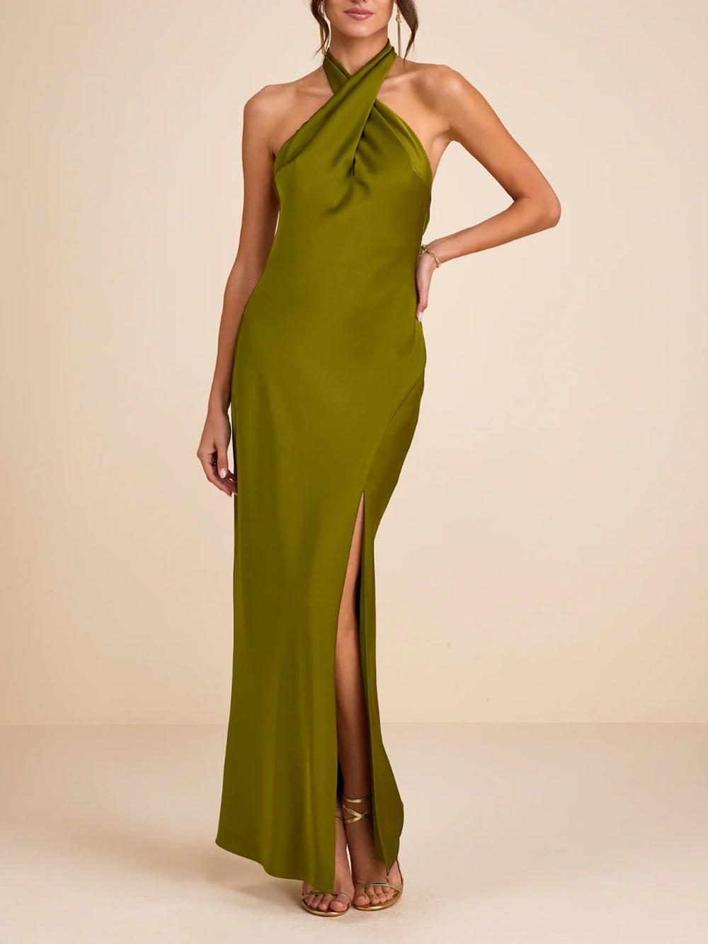 Lulu's Olive Halter Style Slit Evening Gown